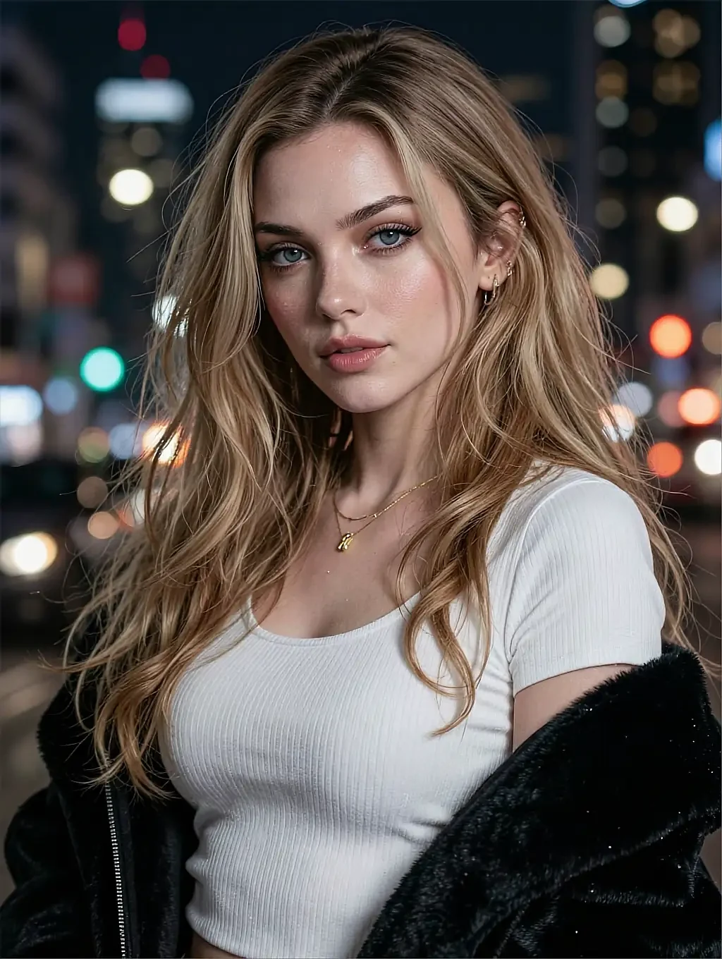 Mara, a fictional AI character on file, fair-haired in a white top with city lights behind her