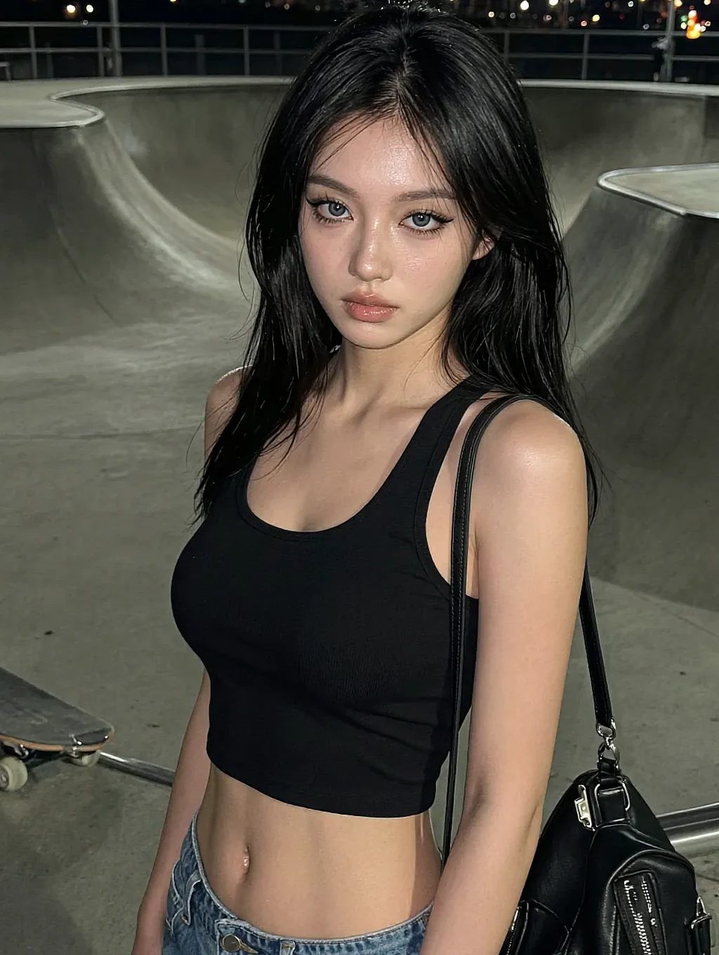 Novi, a fictional AI character on file, dark hair and a black crop top outdoors after dark