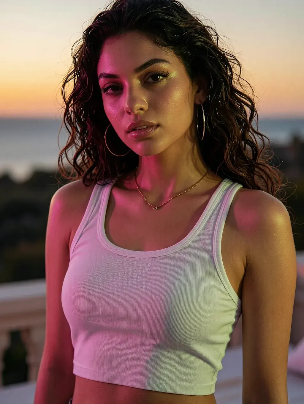 Inés, a fictional AI character on file, curly hair and a pink tank top at sunset