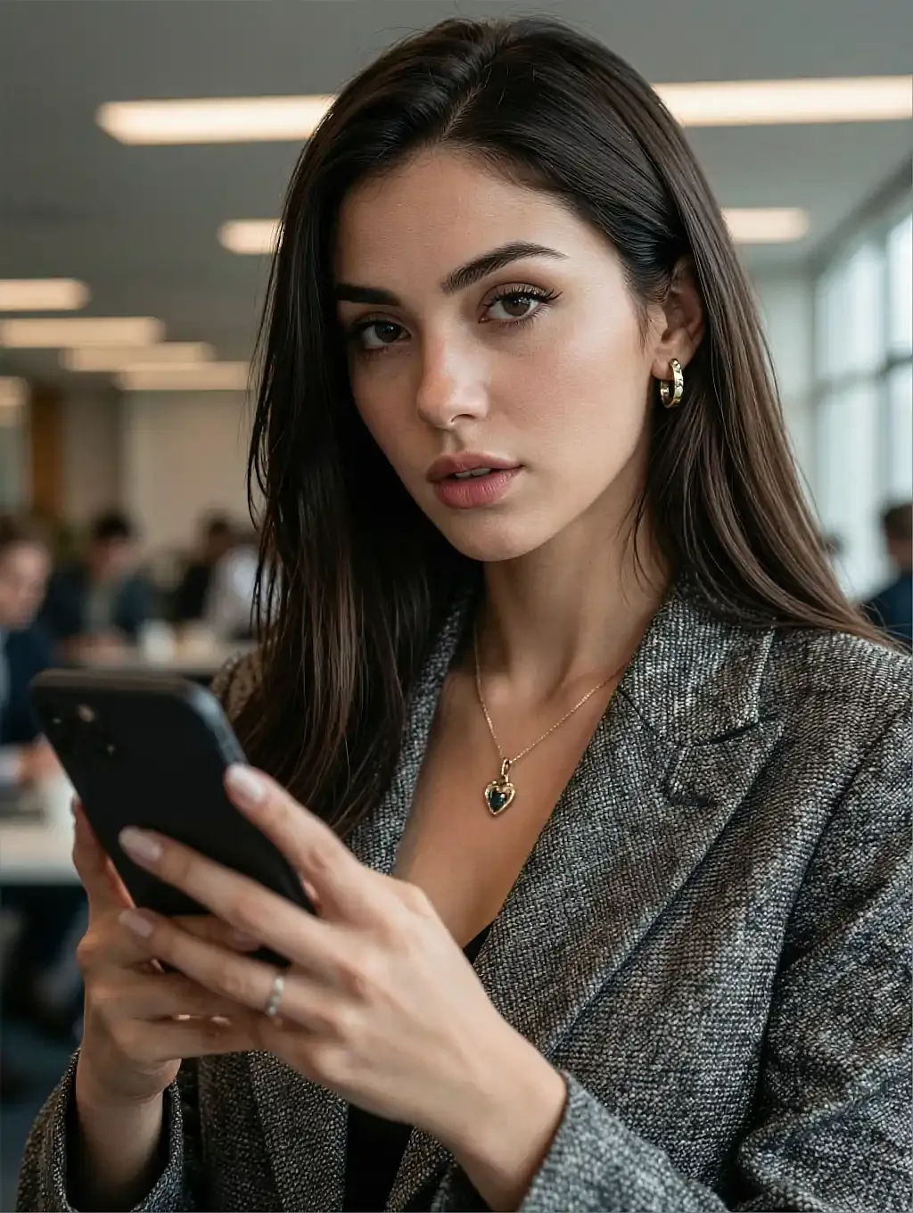 Ruth, a fictional AI character on file, in a grey blazer reading her phone in an office
