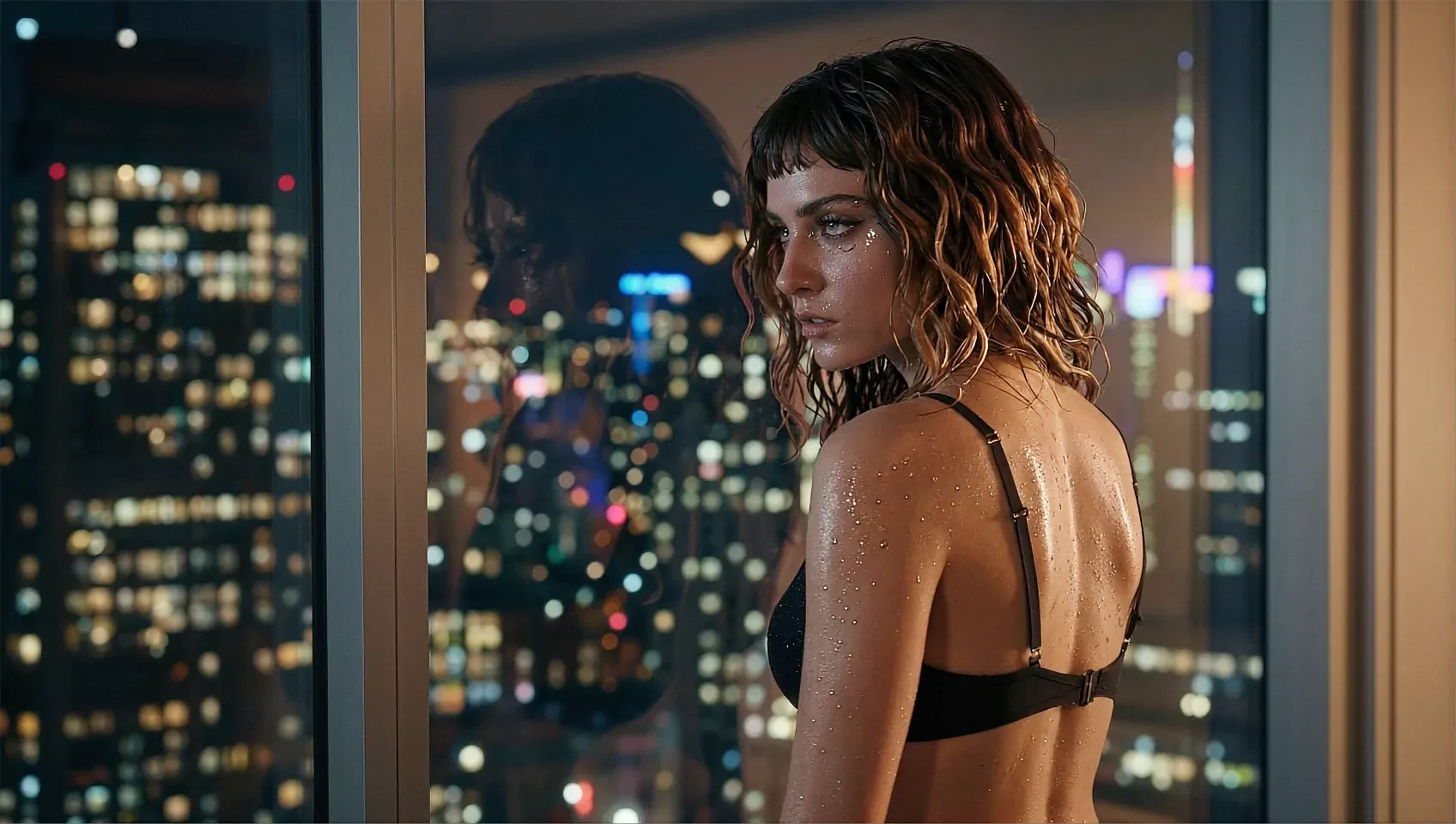 Wide night frame of a fictional AI character against a lit city skyline, closing the file