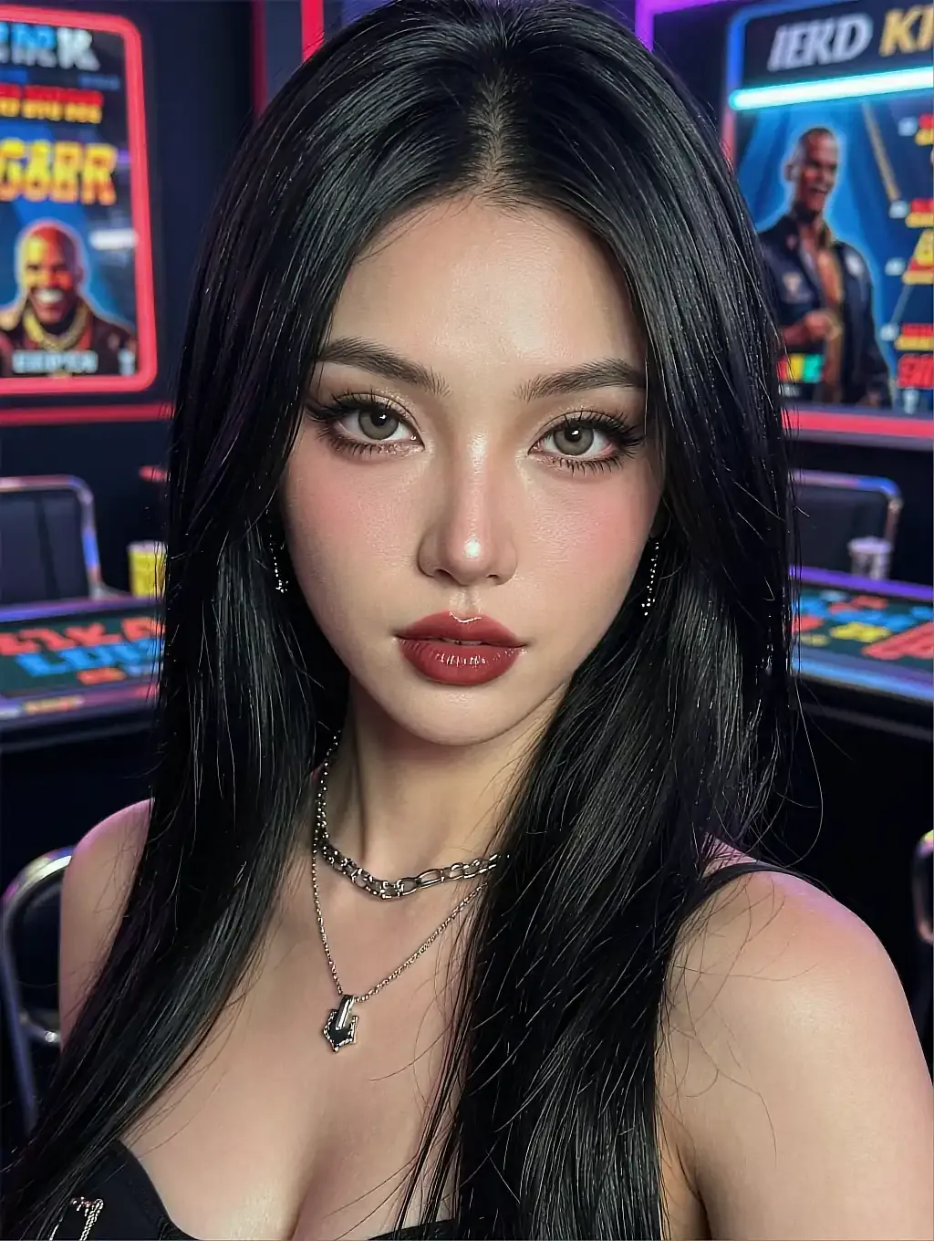 Free-tier folder: a fictional AI character with red lipstick in a lit arcade
