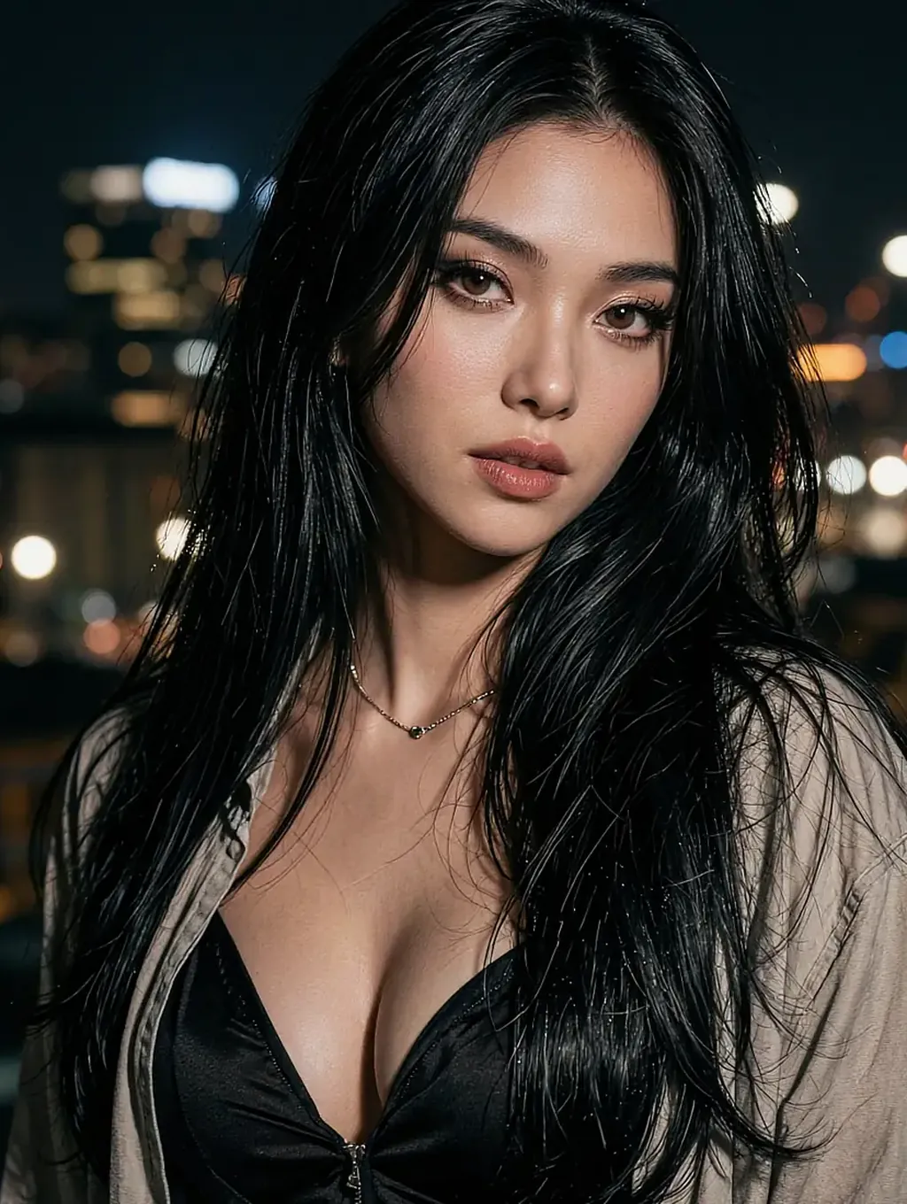 Free-tier folder: a fictional AI character in black, city lights out of focus behind her