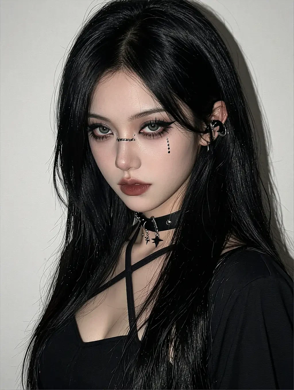 Read against the memory criterion: a fictional AI character in black with drawn eye make-up